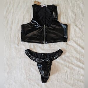 Black Faux Vegan Leather Vinyl Zip Front Crop Top & Studded Thong Set